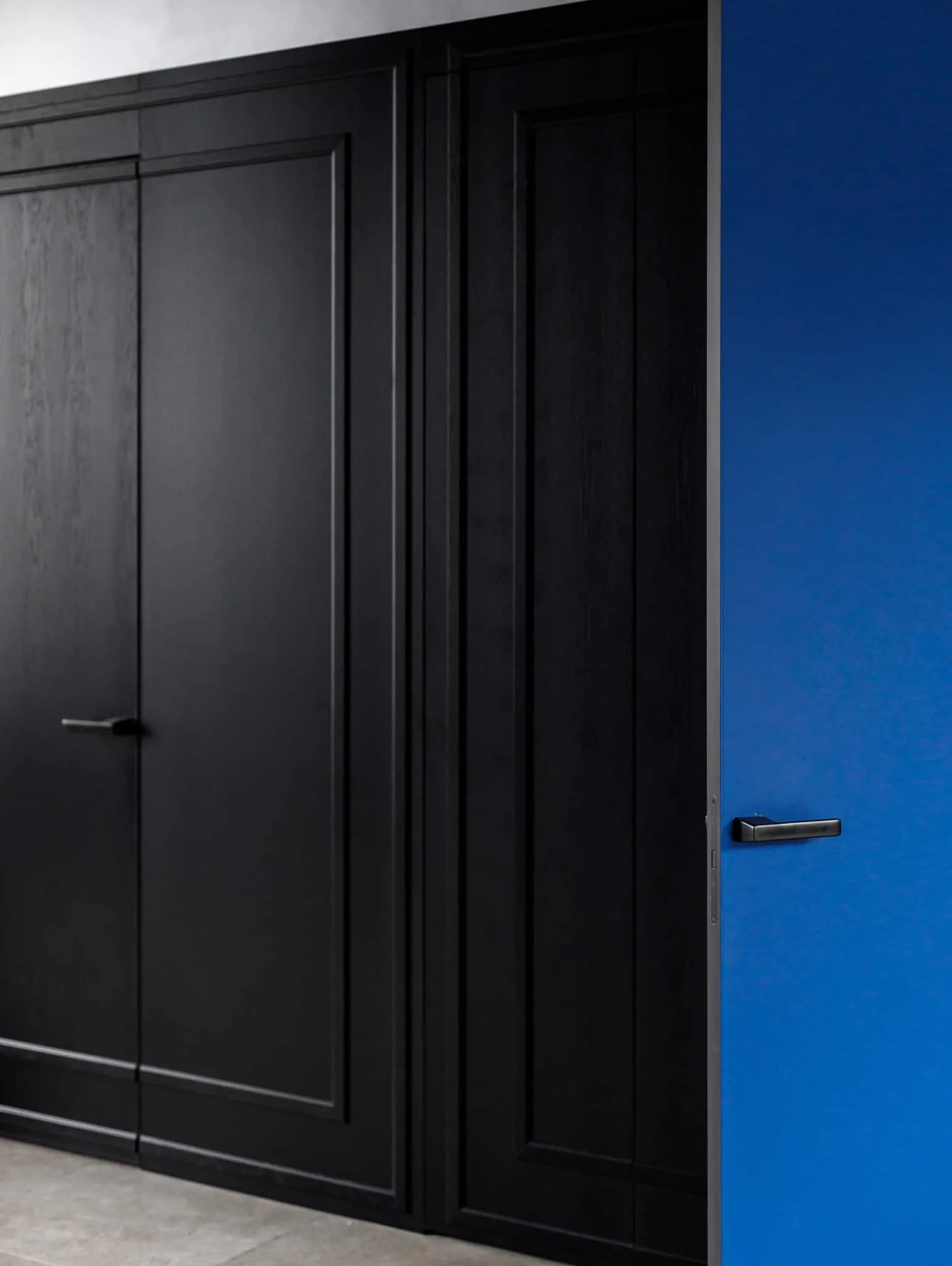 Modern minimalist interior by Julia Starikova – blue door and black panel in Chelyabinsk, Russia