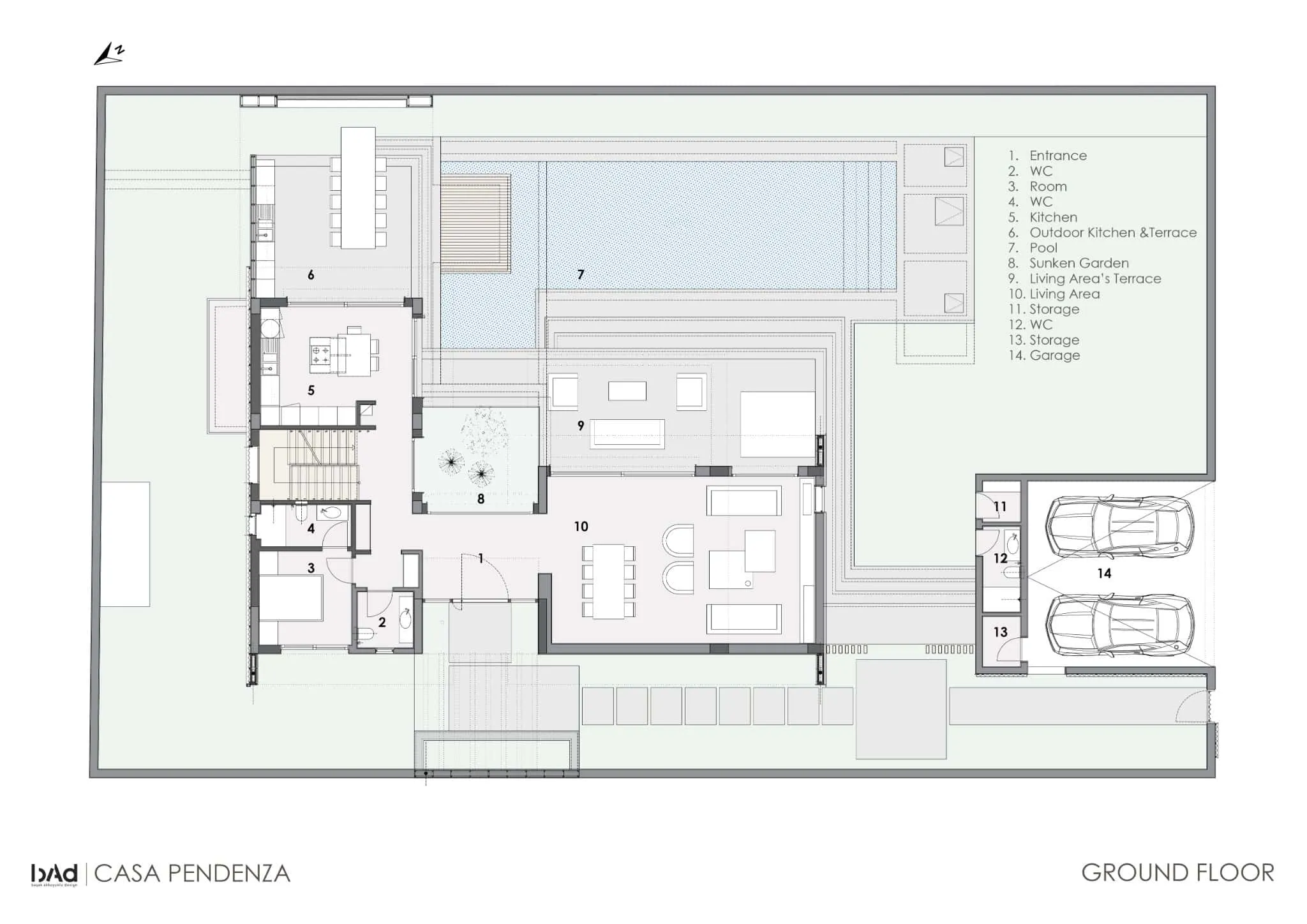 Modern residential house ground floor architectural blueprint with outdoor pool and sunken garden, showcasing contemporary home design and interior layout.