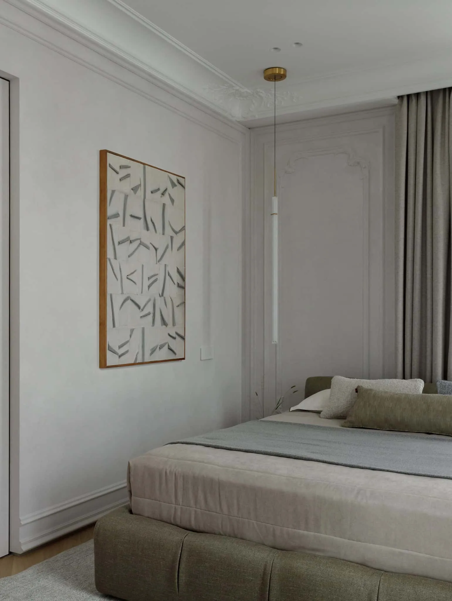 尤莉亚·斯塔里科娃私人卧室抽象画与悬挂灯，莫斯科