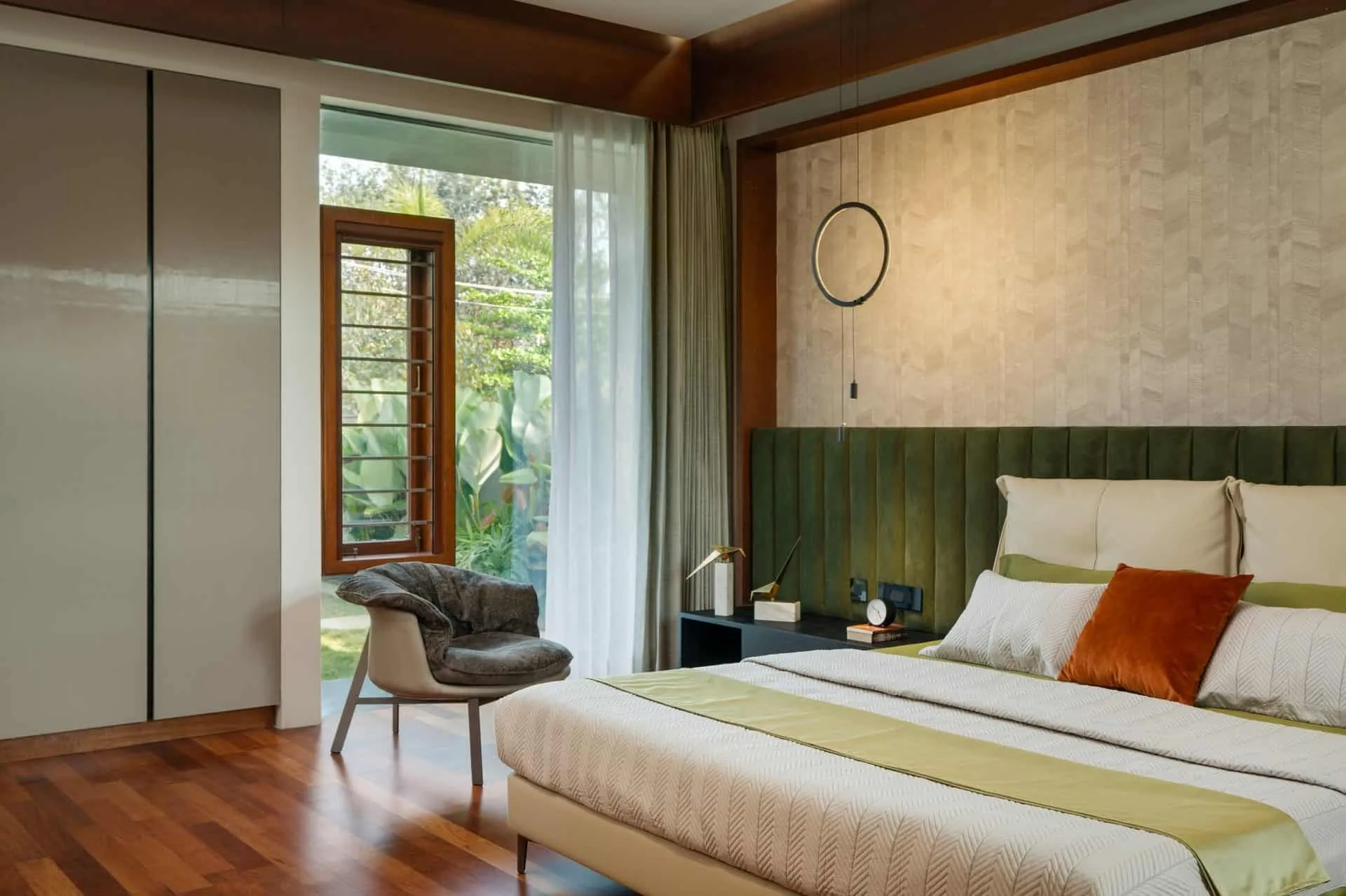 Minimalist House by Crest Architects — parents' bedroom with calming tones, Bangalore, India