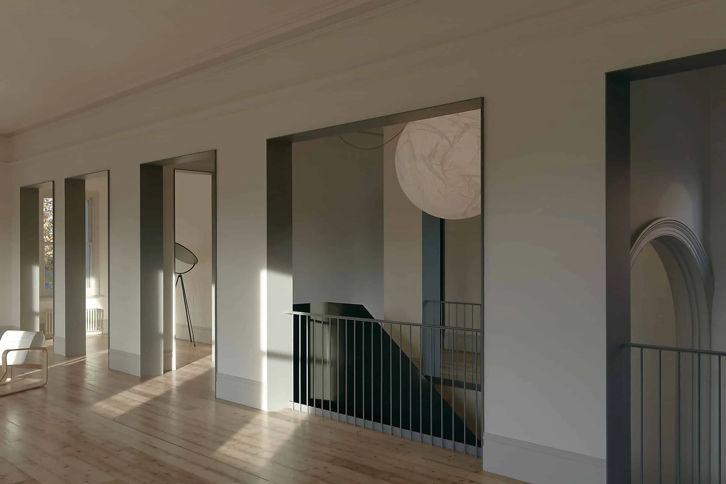 Modern minimalist interior with staircase and natural light, showcasing modern architecture and clean design | Stylish home interior with smooth staircase, large windows and contemporary décor highlighting architecture and interior aesthetics | Elegant architectural interior with open space, staircase and modern lighting emphasizing minimalist architecture and interior elements | irrelevant.