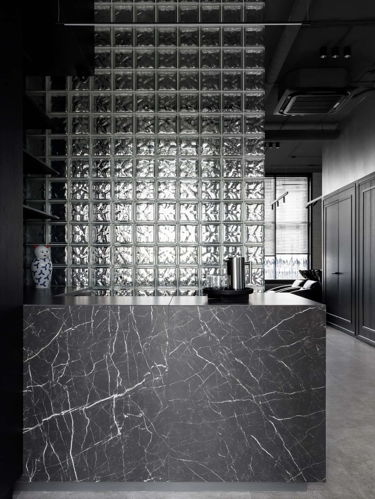 Modern minimalist interior by Julia Starikova – glass block wall in Chelyabinsk, Russia