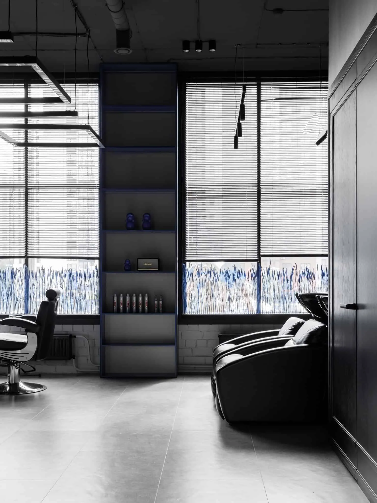 Modern minimalist interior by Julia Starikova – shelf and hair styling area in Chelyabinsk, Russia