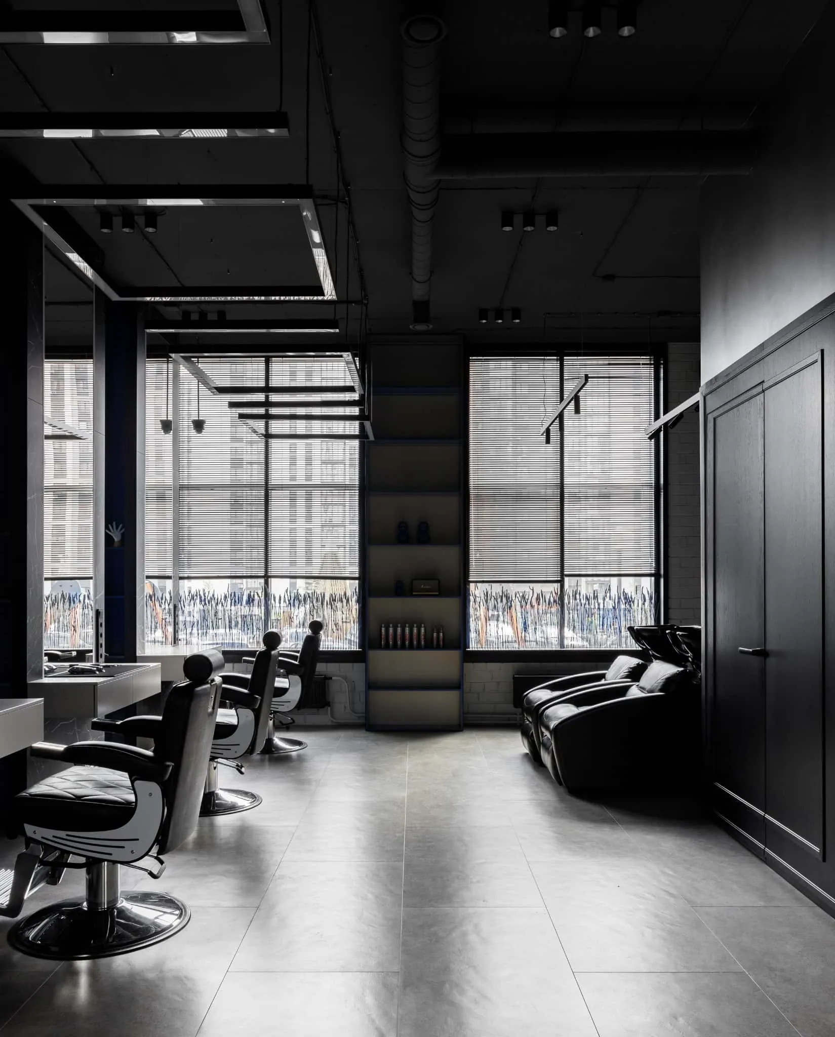 Modern minimalist interior by Julia Starikova – general view of living room with electric blue accents in Chelyabinsk, Russia