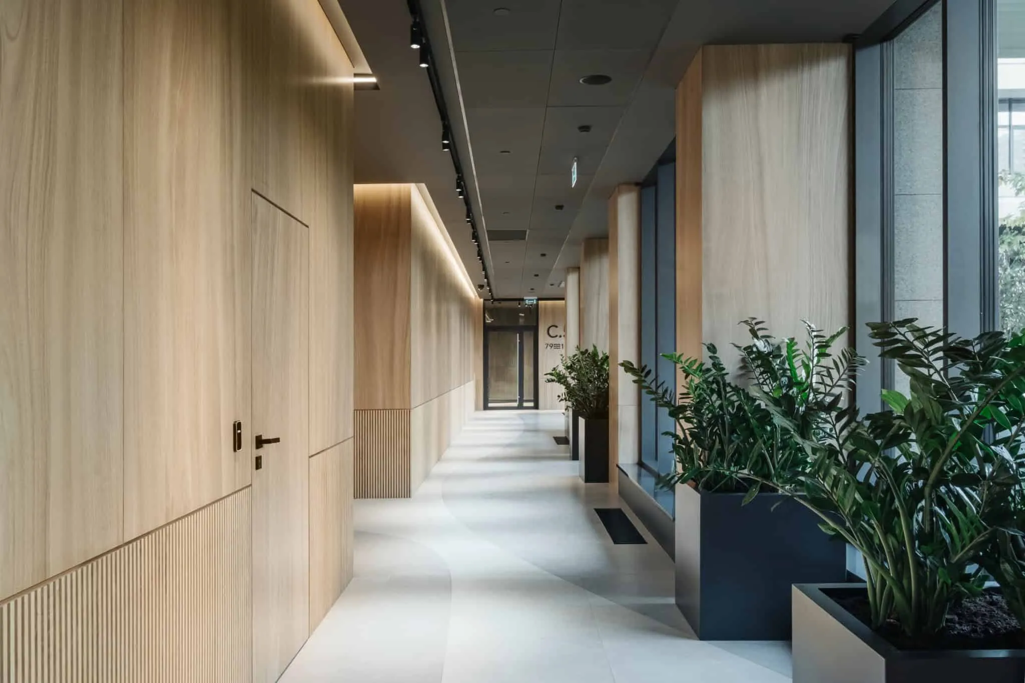 RIVER by VSA.studio, wide view of corridor planters, Moscow, Russia