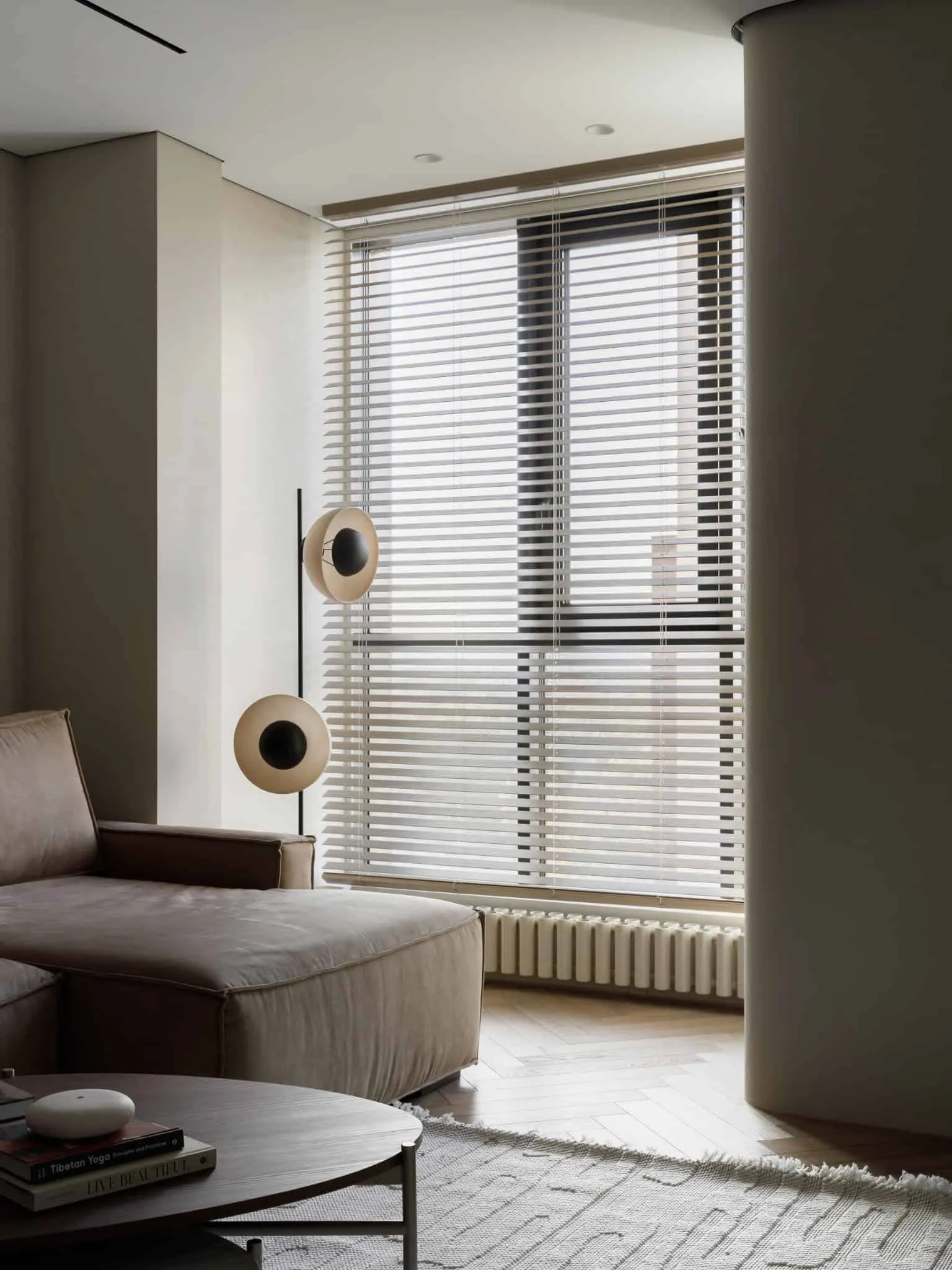 Lesoparkovy apartment — window with blinds and sofa, STARIKOVA.ARCHITECTS, Chelyabinsk