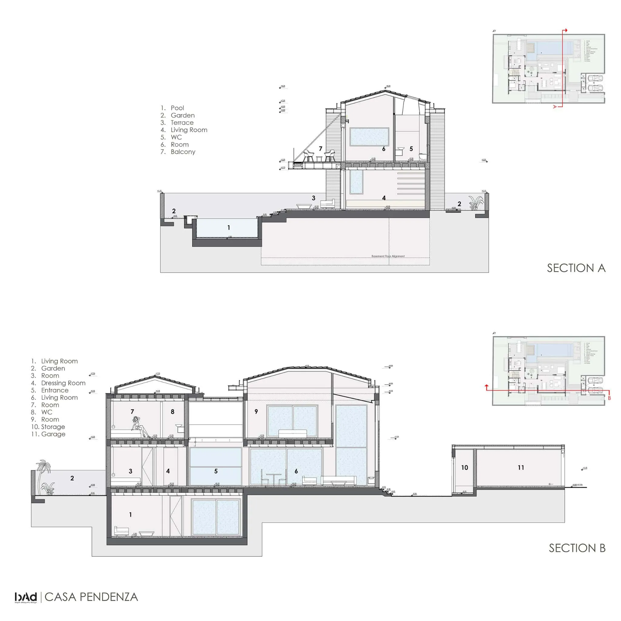 Casa Pendenza Sections by BAD – Başak Akkoyunlu Design Living room and house sectional architectural blueprint with modern design elements and detailed layout for luxury residential project.