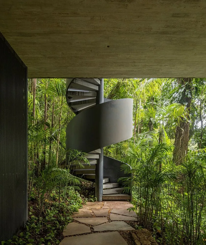 Canopy House by Studio MK27 – spiral stair set in the forest, Guarujá, Brazil