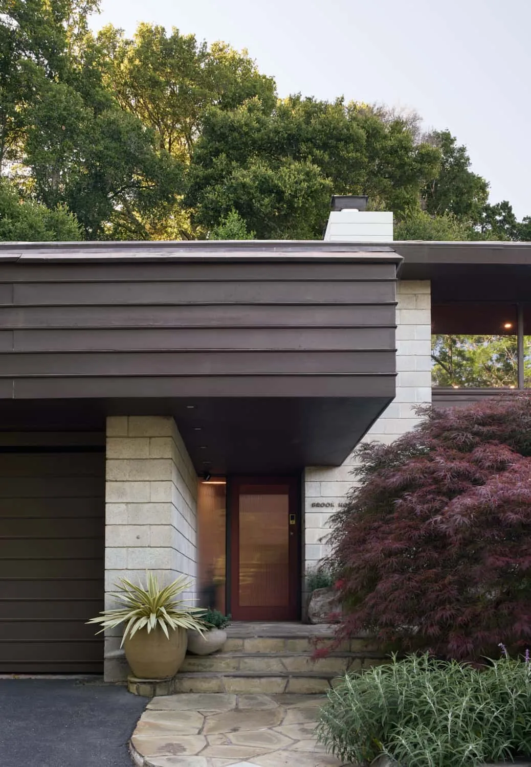 奥洛夫·达尔斯特兰德住宅入口前门，带有植物窗框，由Klopf Architecture设计，奥林达，加利福尼亚州，美国