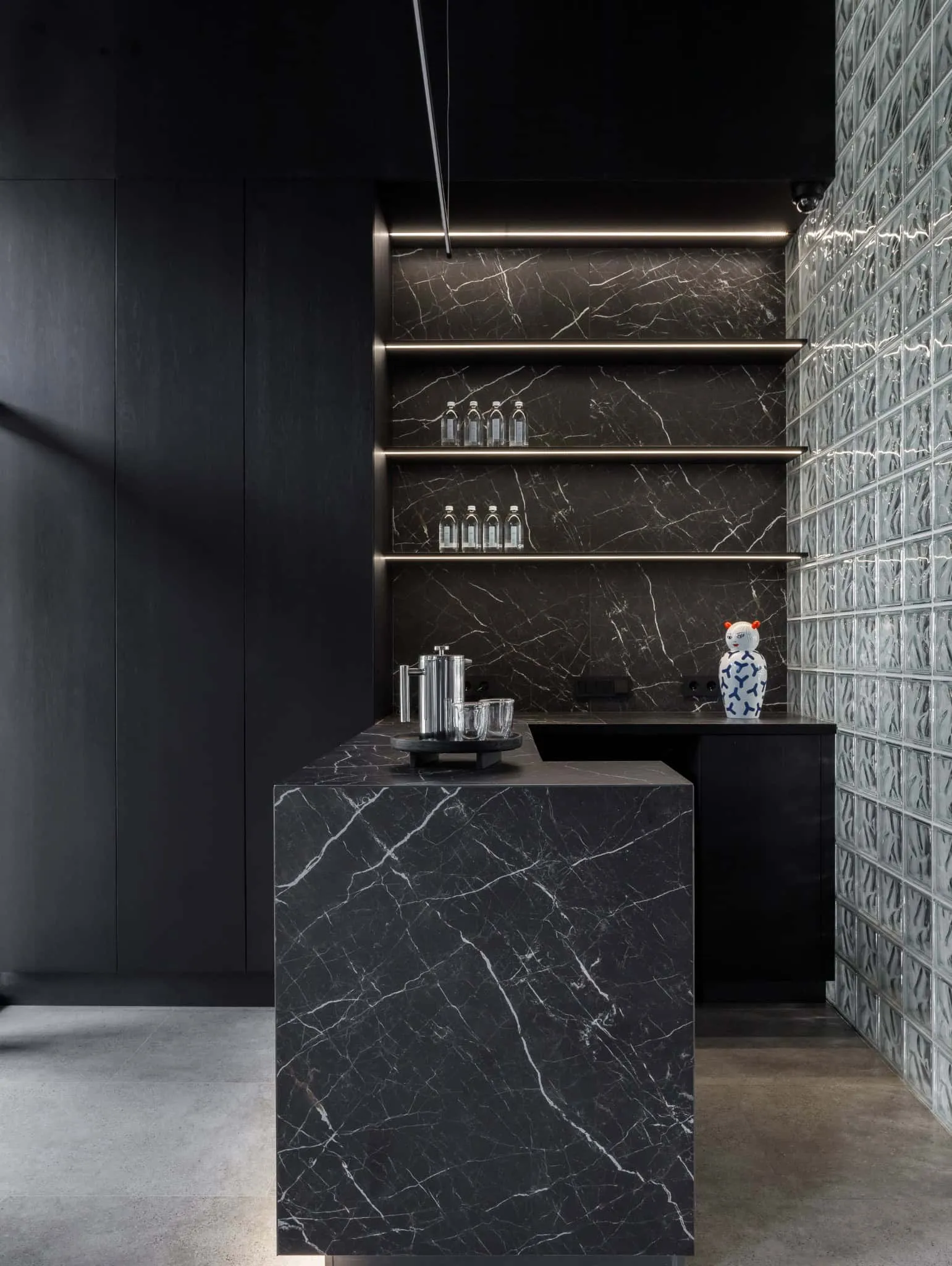 Modern minimalist interior by Julia Starikova – marble counter and shelves in Chelyabinsk, Russia