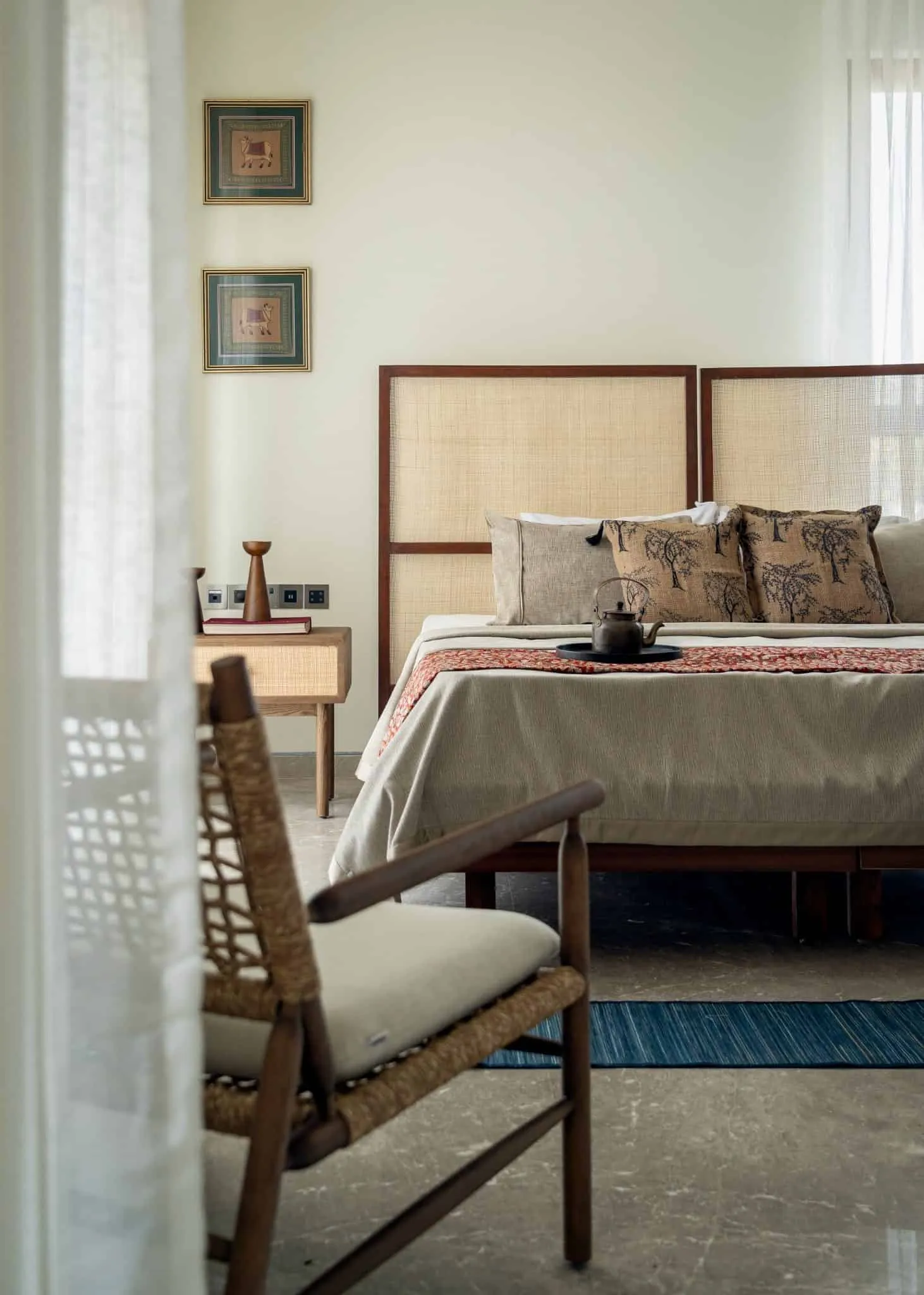 House Of Lines Boat Club – Bedroom View with Chair and Cane Head, Chennai