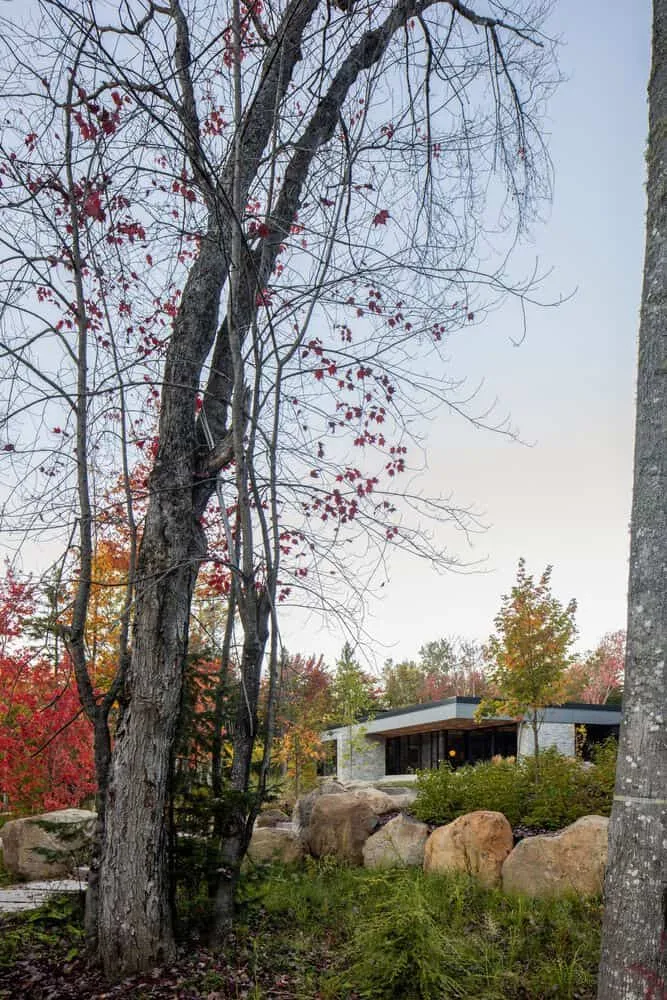 Bedroom interior of the La Baie de l'Ours house with wooden finishes