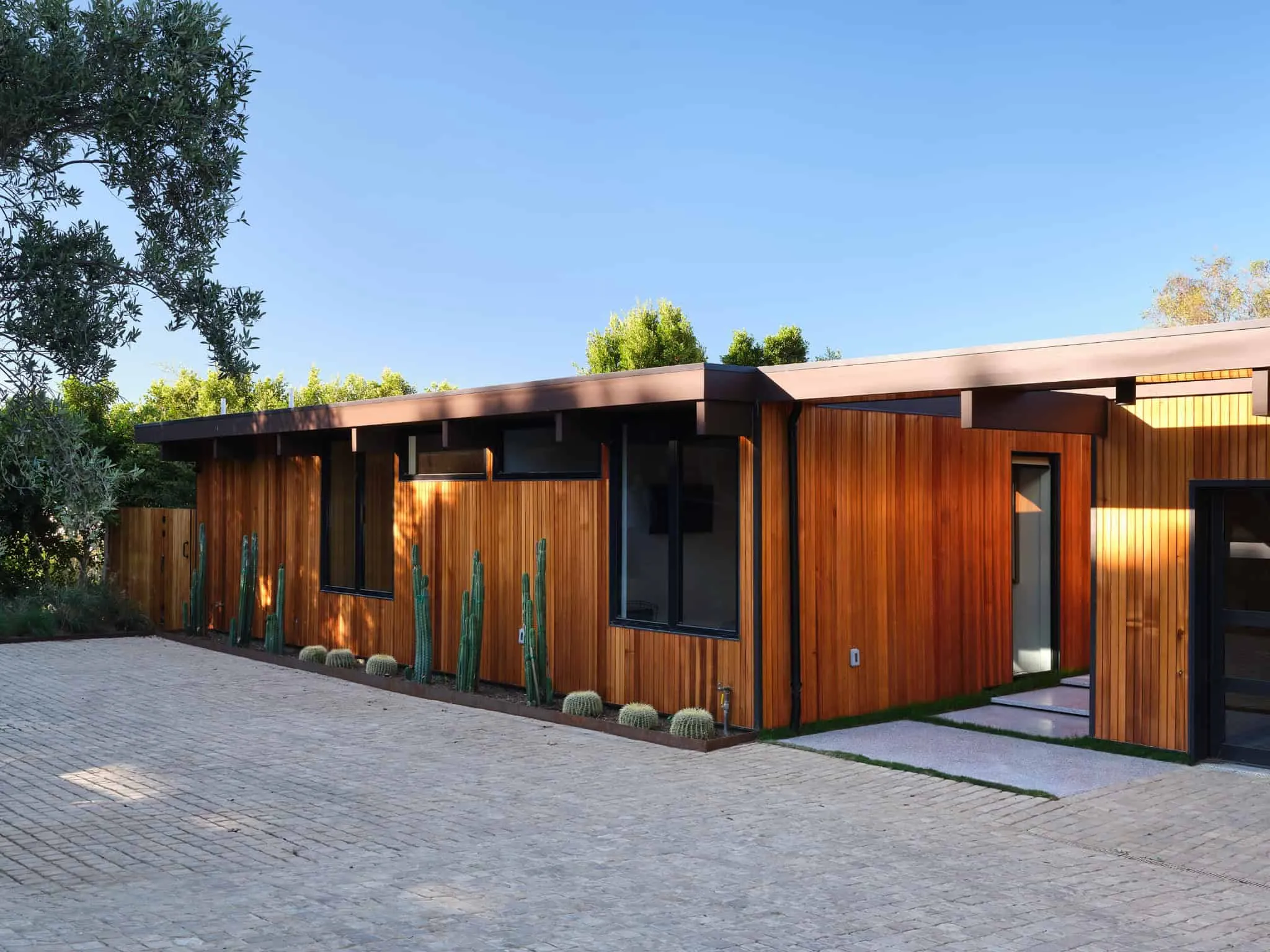Malibu Glass Box House 住宅入口道路与仙人掌，Klopf Architecture 设计 – 马拉白，加州
