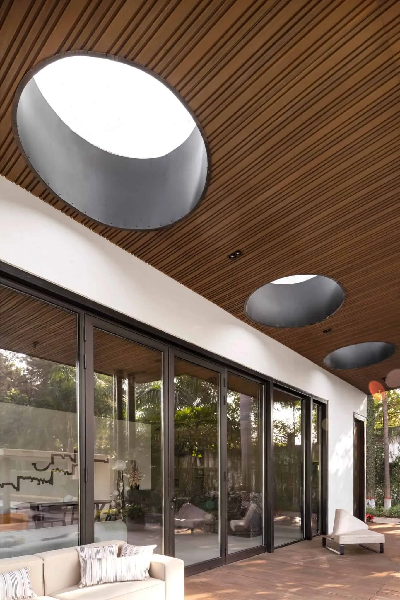 Close-up of the lamp in UrbanMistrii's Pool House in Chatarpur, Delhi.