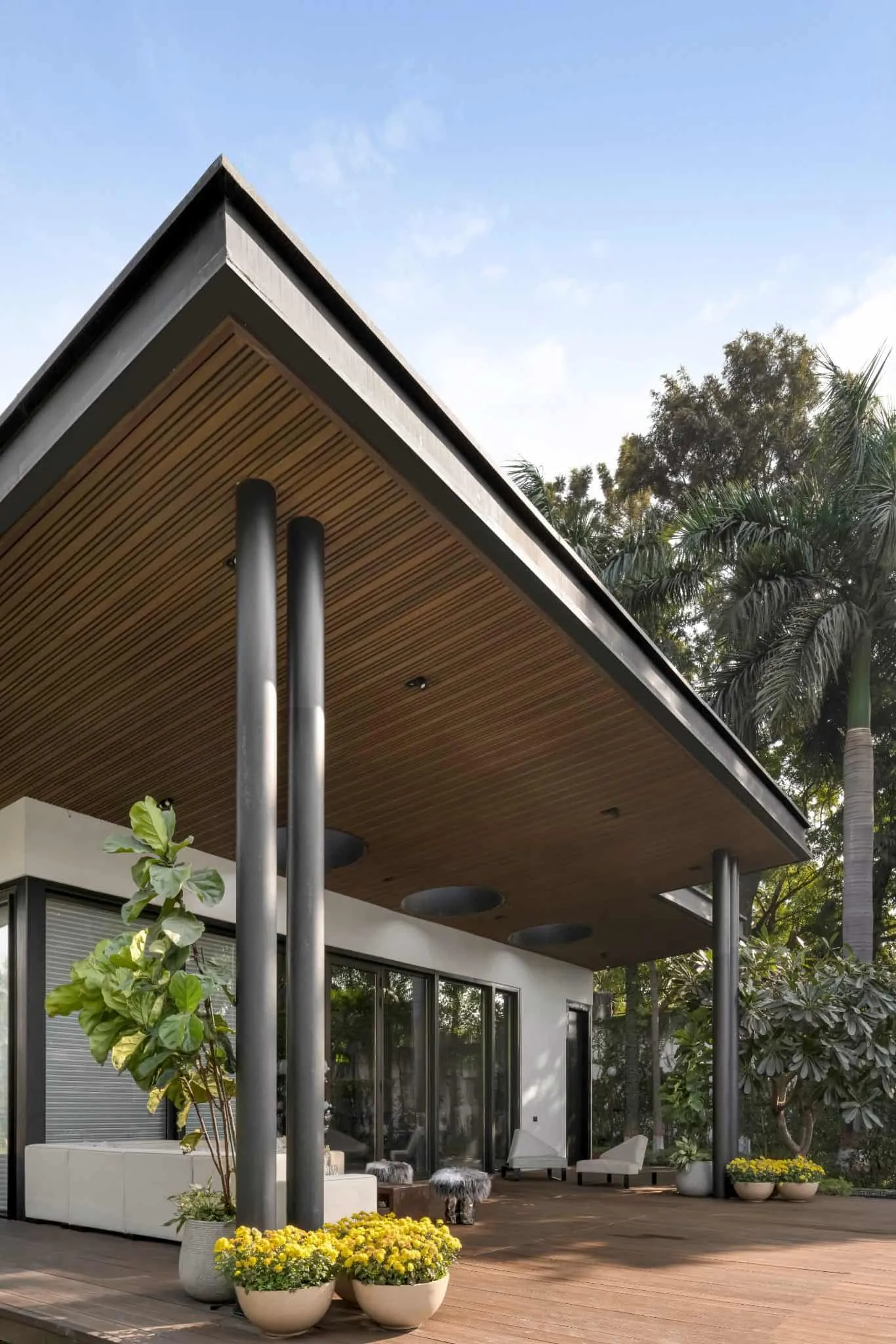 Roof corner of UrbanMistrii's Pool House in Chatarpur, Delhi.