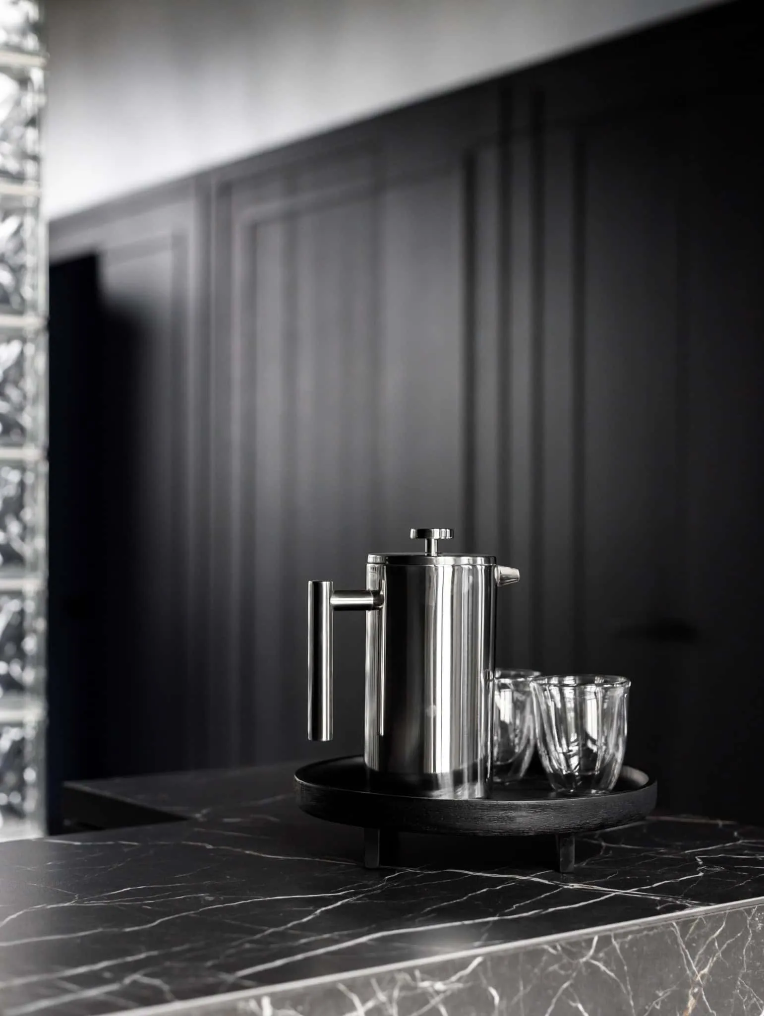 Modern minimalist interior by Julia Starikova – coffee maker on marble counter in Chelyabinsk, Russia