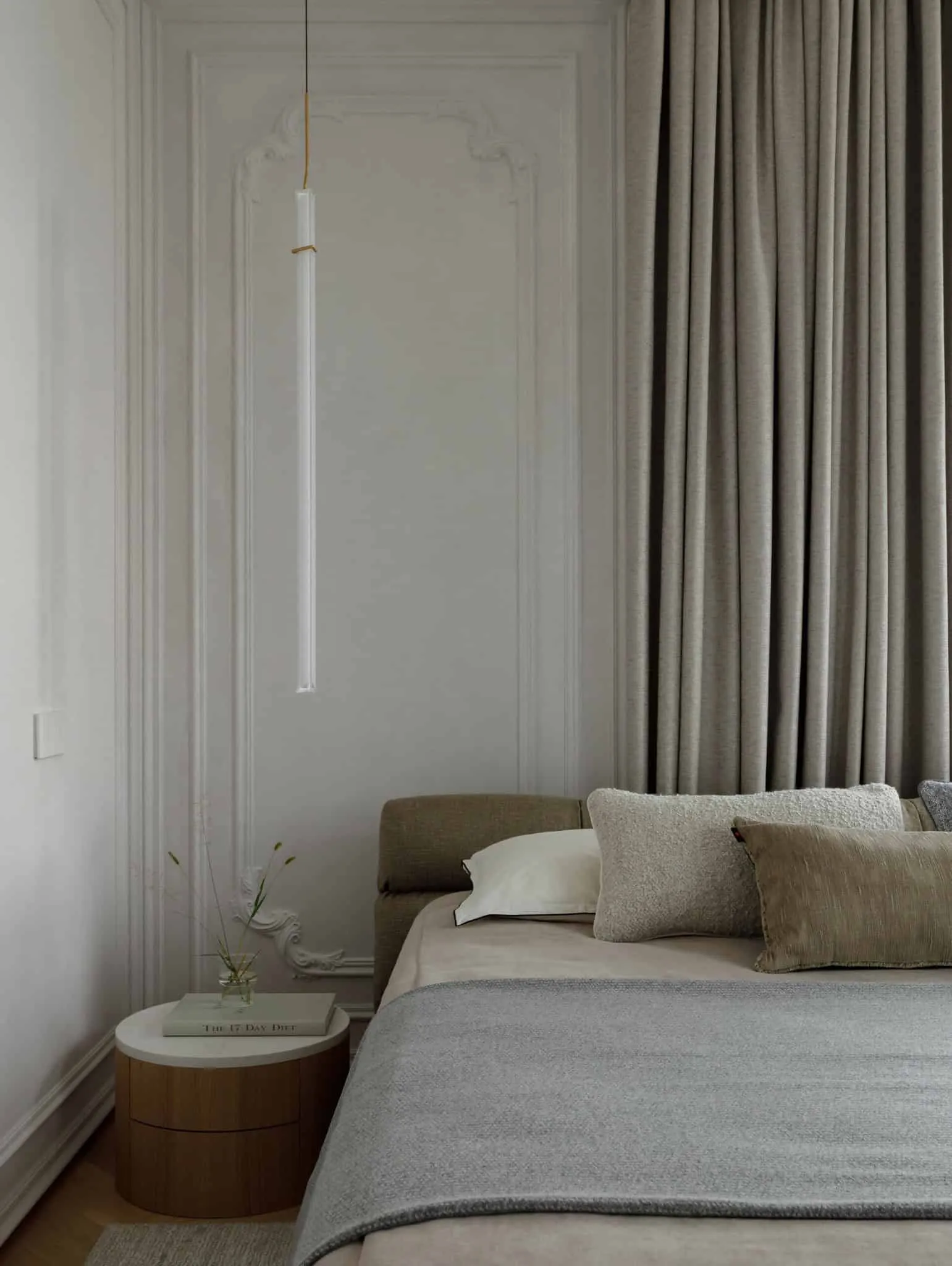 尤莉亚·斯塔里科娃私人床头柜细节与悬挂灯，莫斯科