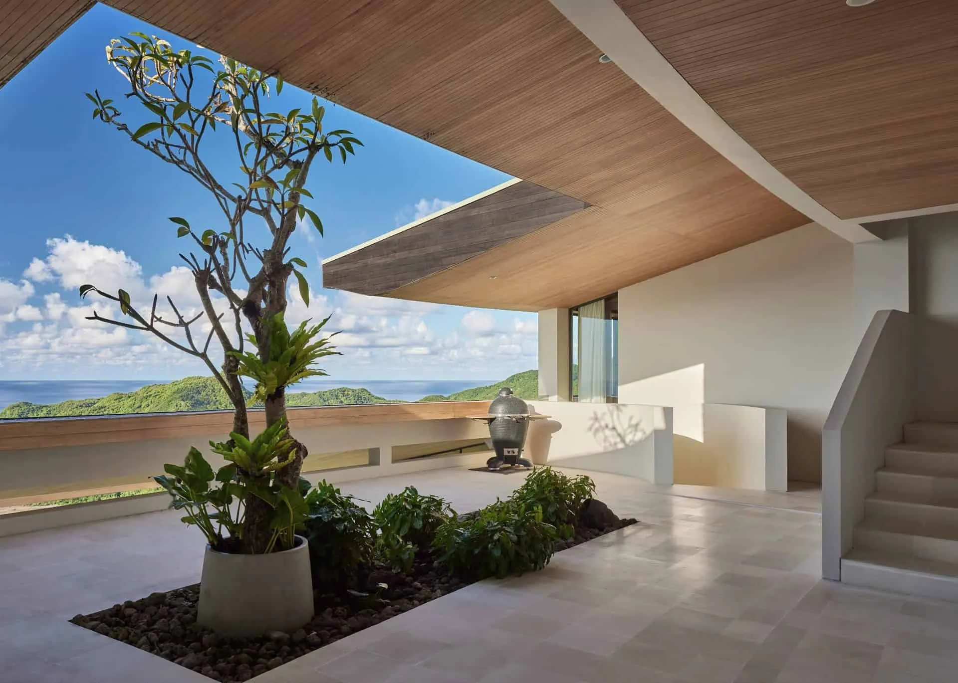 Дерево саду вілли Боже за Алексисом Дорнієром з видом на океан, Ломбок, Індонезія