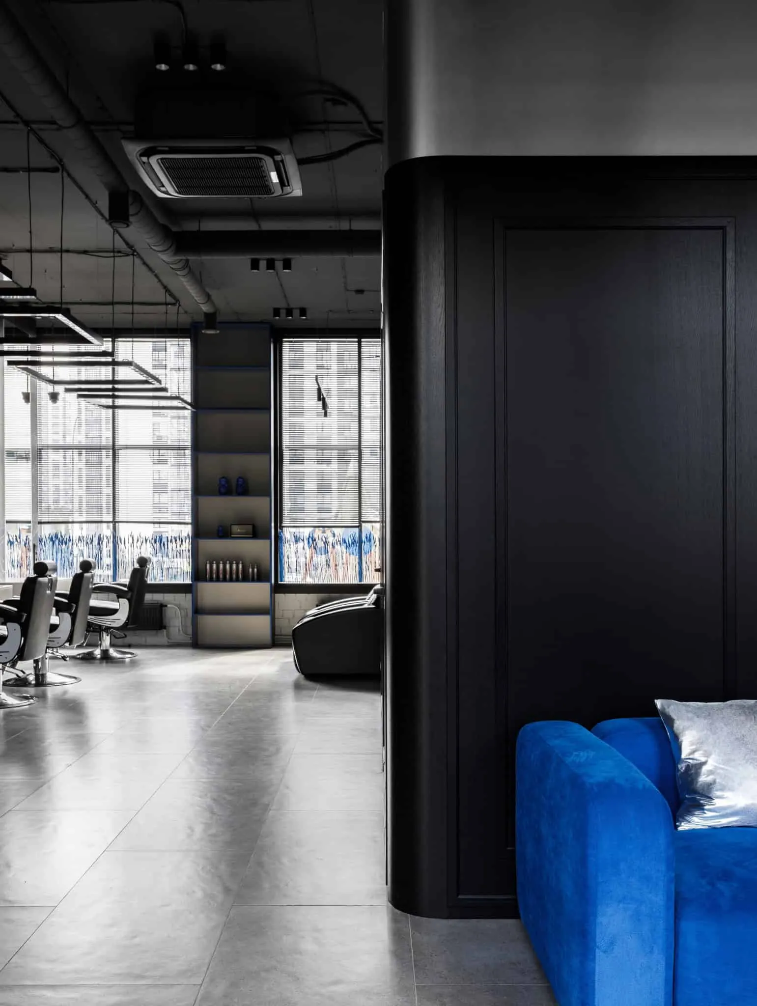 Modern minimalist interior by Julia Starikova – corner with blue sofa in Chelyabinsk, Russia