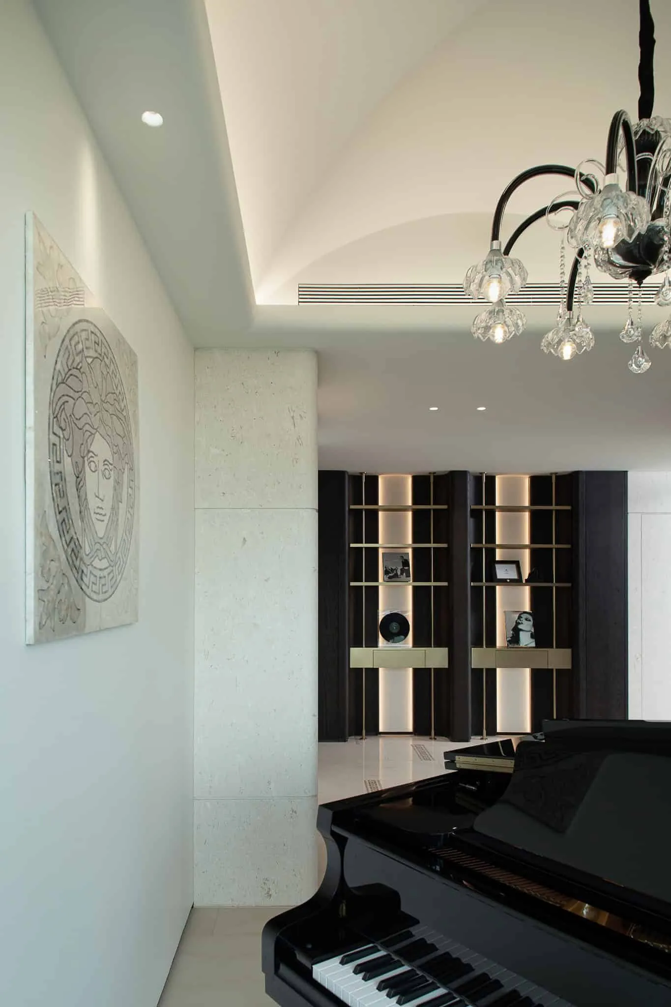 Azure Heights piano room shelves and chandelier by BDSD Boundless Design, Shenzhen, China