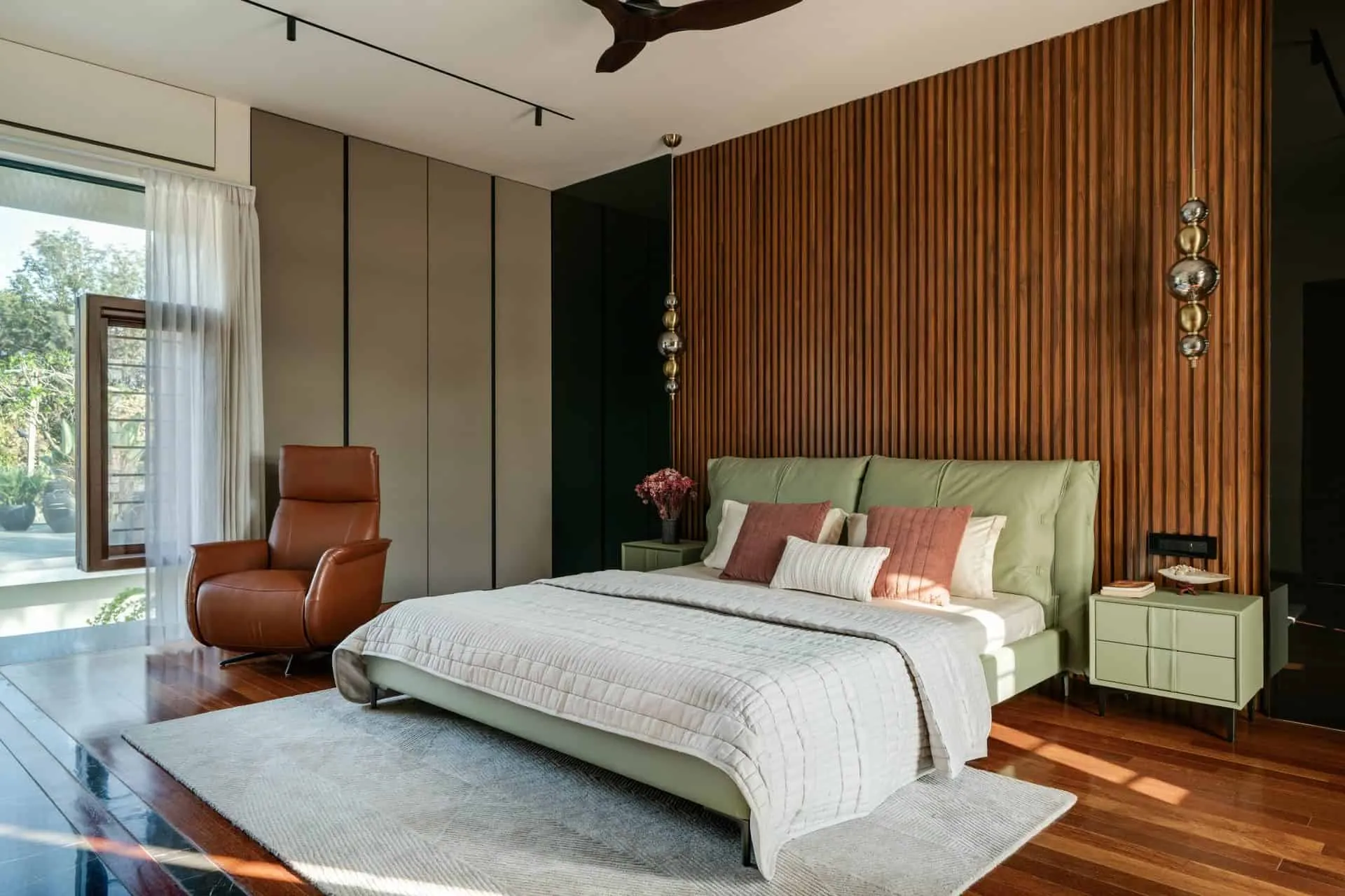 Minimalist House by Crest Architects — master bedroom with wooden accents, Bangalore, India