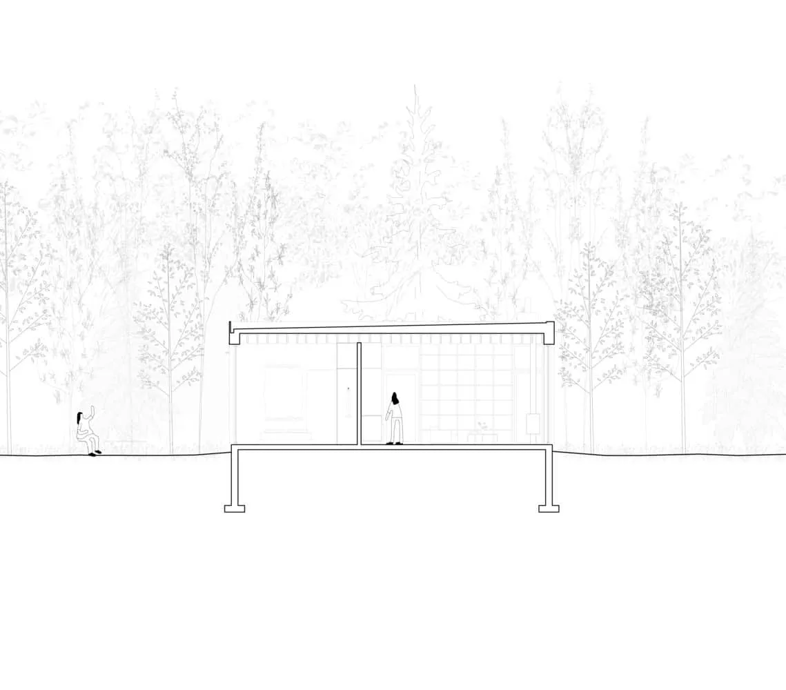 Maison Spiron — section traversant la zone de détente à Potton, Québec, Canada