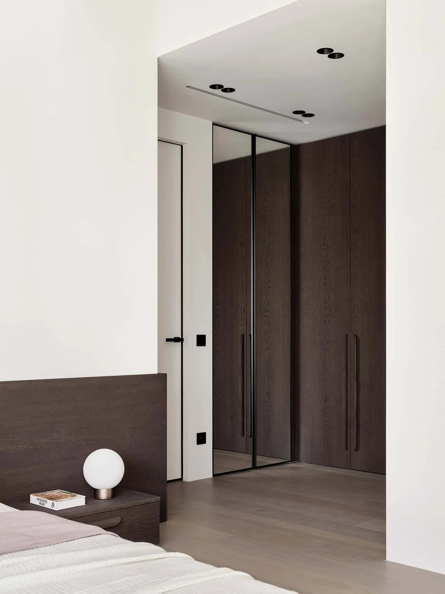 View from headboard to wardrobe - warm minimalism from Alexander Tishler's design studio, Moscow