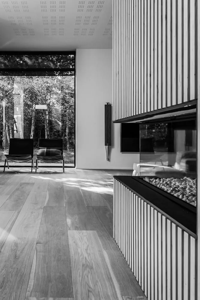 Villa S — living space opening onto a terrace overlooking the forest