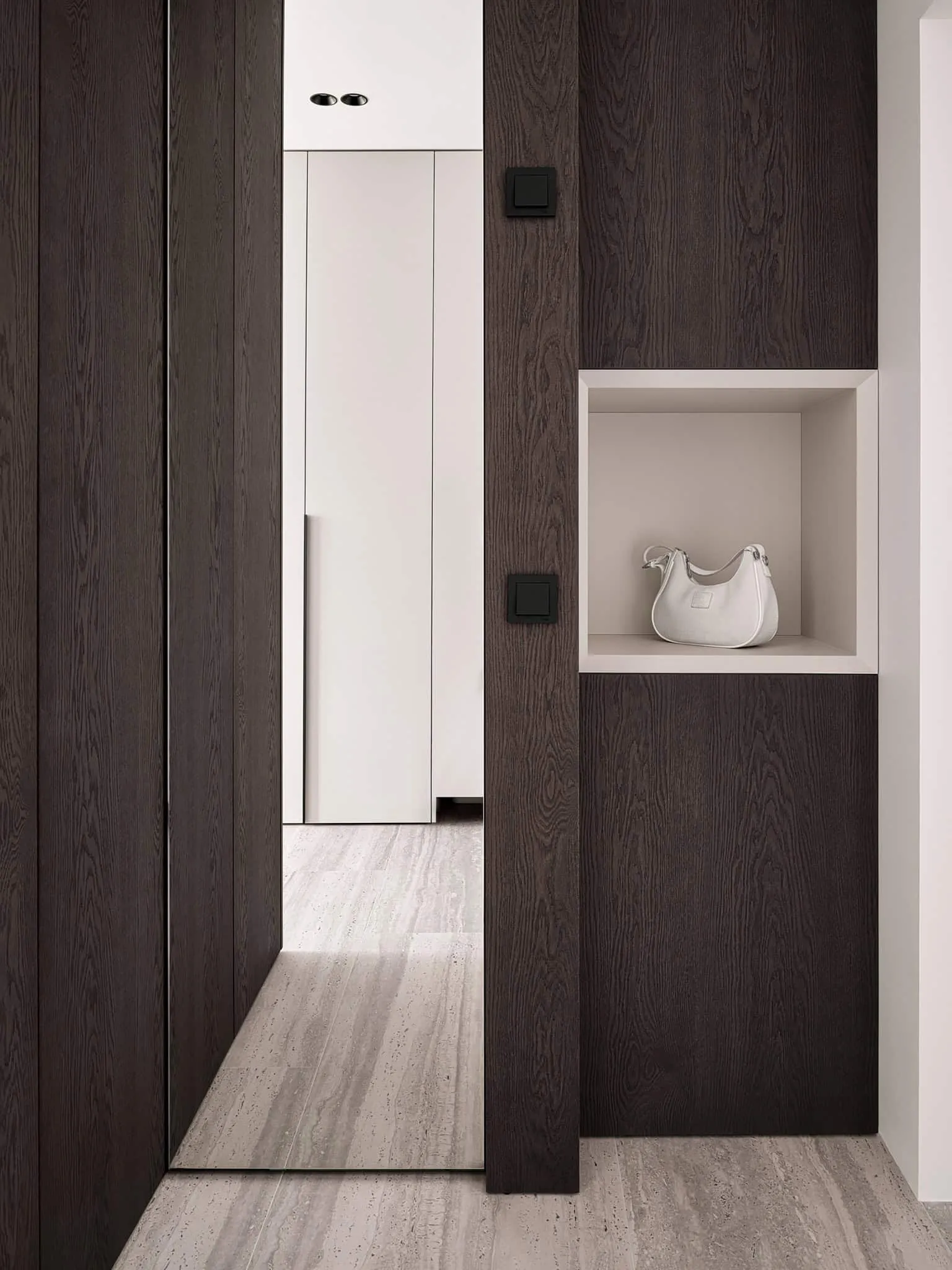 Entrance niche with mirror and dark oak panels - warm minimalism from Alexander Tishler's design studio, Moscow