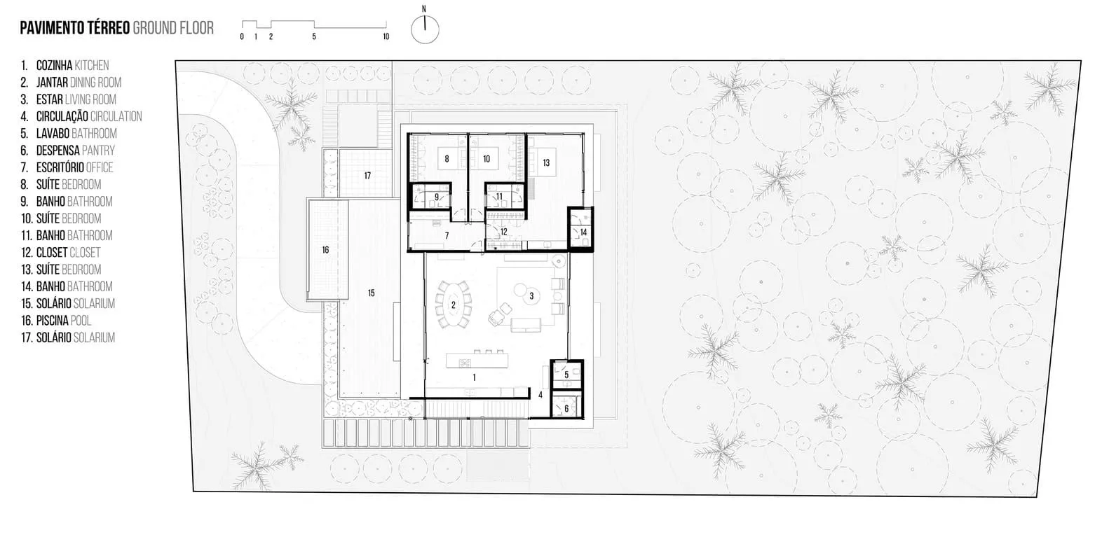 258号住宅——一层平面图，含开放式客厅、厨房、卧室和泳池，圣罗克，圣保罗州，巴西