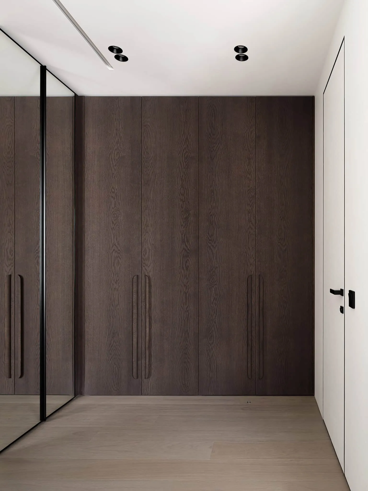 Wardrobe with mirror doors - bedroom with warm minimalism in Moscow from Alexander Tishler's design studio
