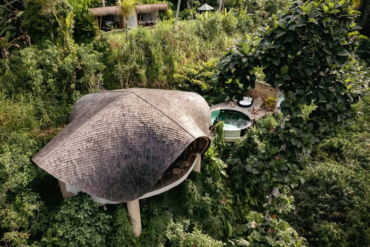 Belalu Dome别墅，来自Pablo Luna工作室 – 俯视图展示雕塑屋顶和泳池，乌布，巴厘岛，印度尼西亚