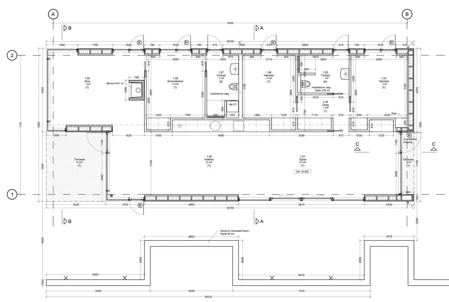 彼得疗养院建筑平面图——第一层，房间通向环绕露台