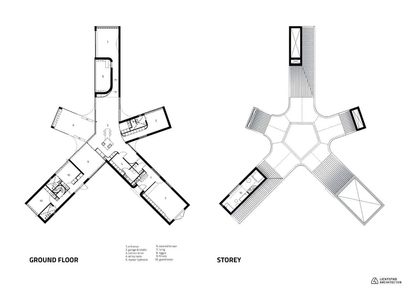 Marhûs — 一层与二层平面图，显示社交核心和面向湖泊的房间