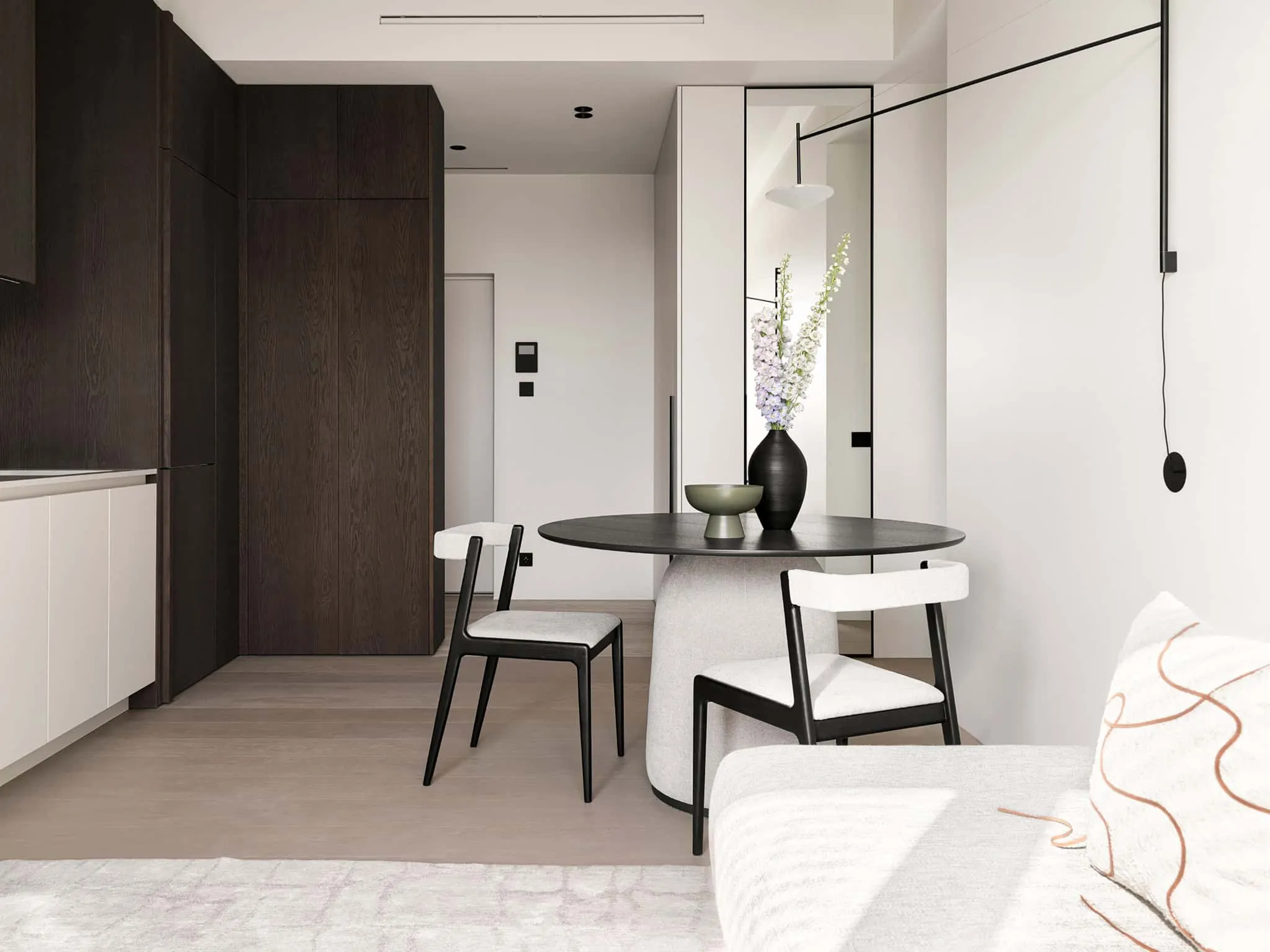 Warm minimalism from Alexander Tishler's design studio - dining area with round table in Moscow, Russia