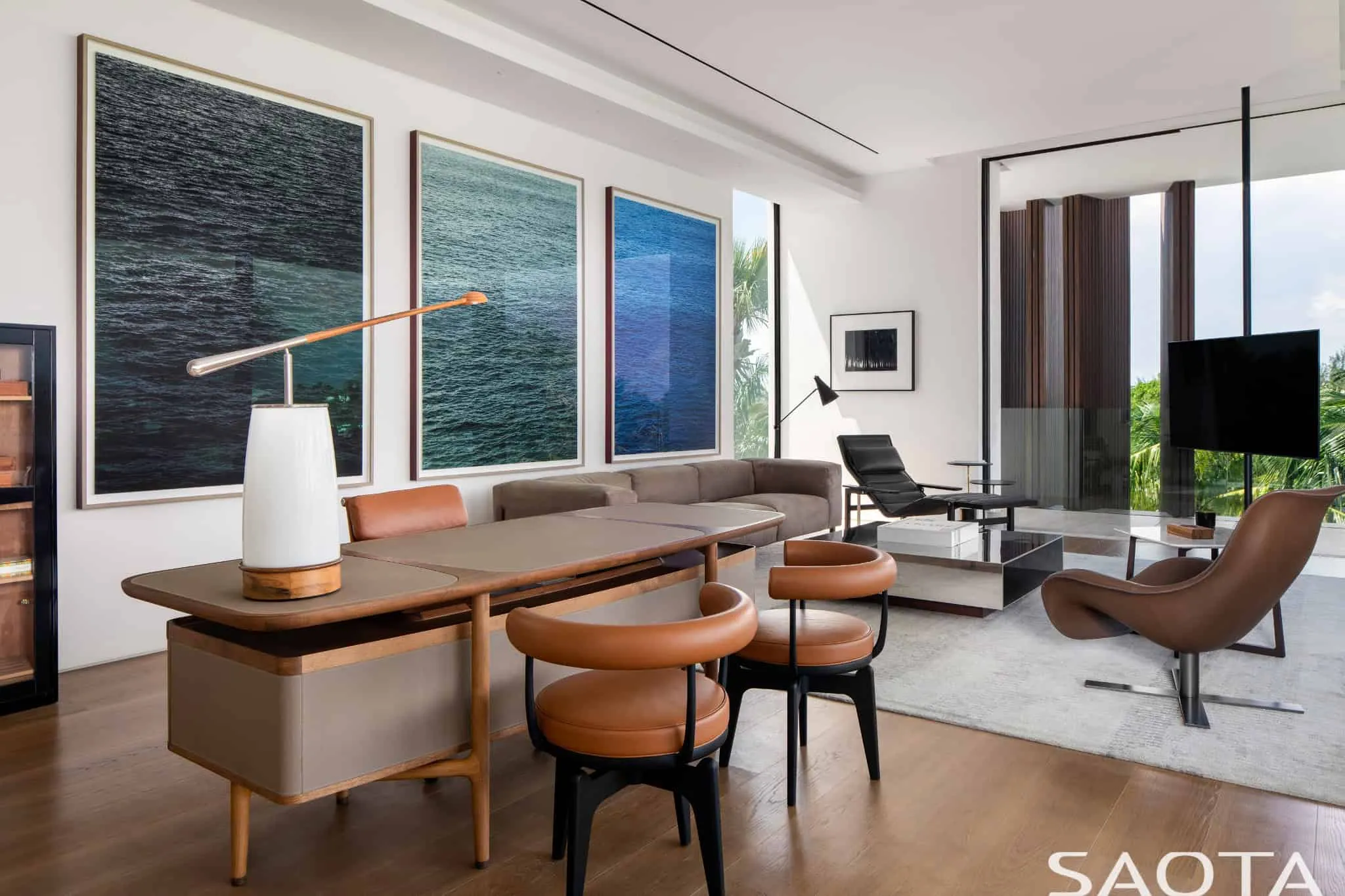 Living room with artistic panels and furniture