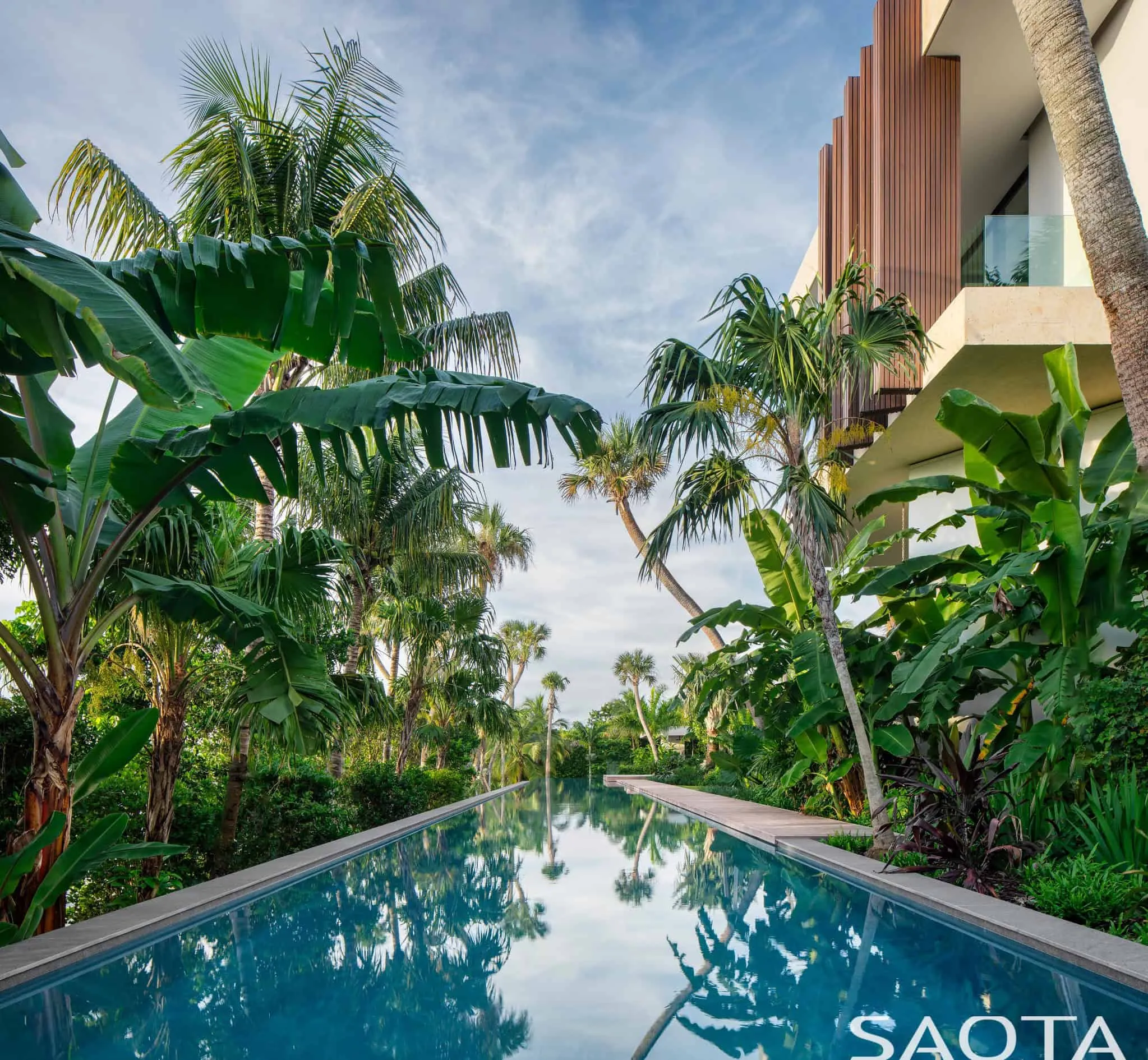 Long pool surrounded by tropical plants