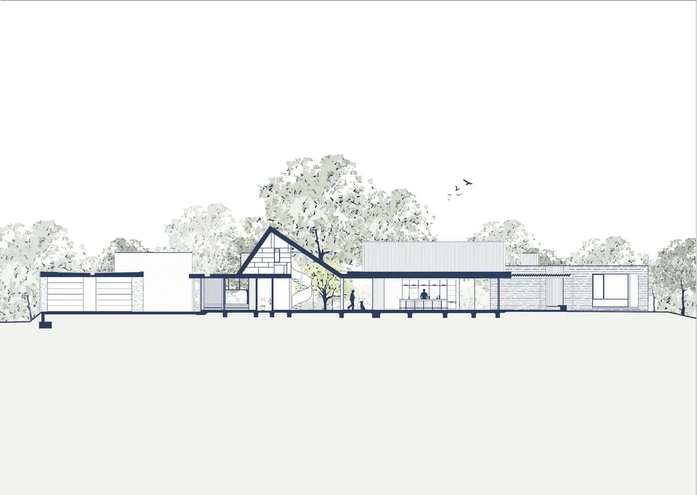 现代住宅建筑图，展示当代设计元素与周围树木，体现创新居住建筑设计和艺术线条风格。