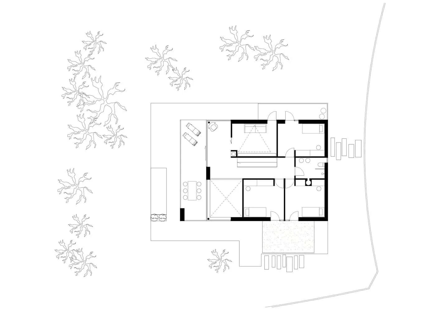 Second floor plan of Villa S at scale 1:100 showing private rooms and circulation