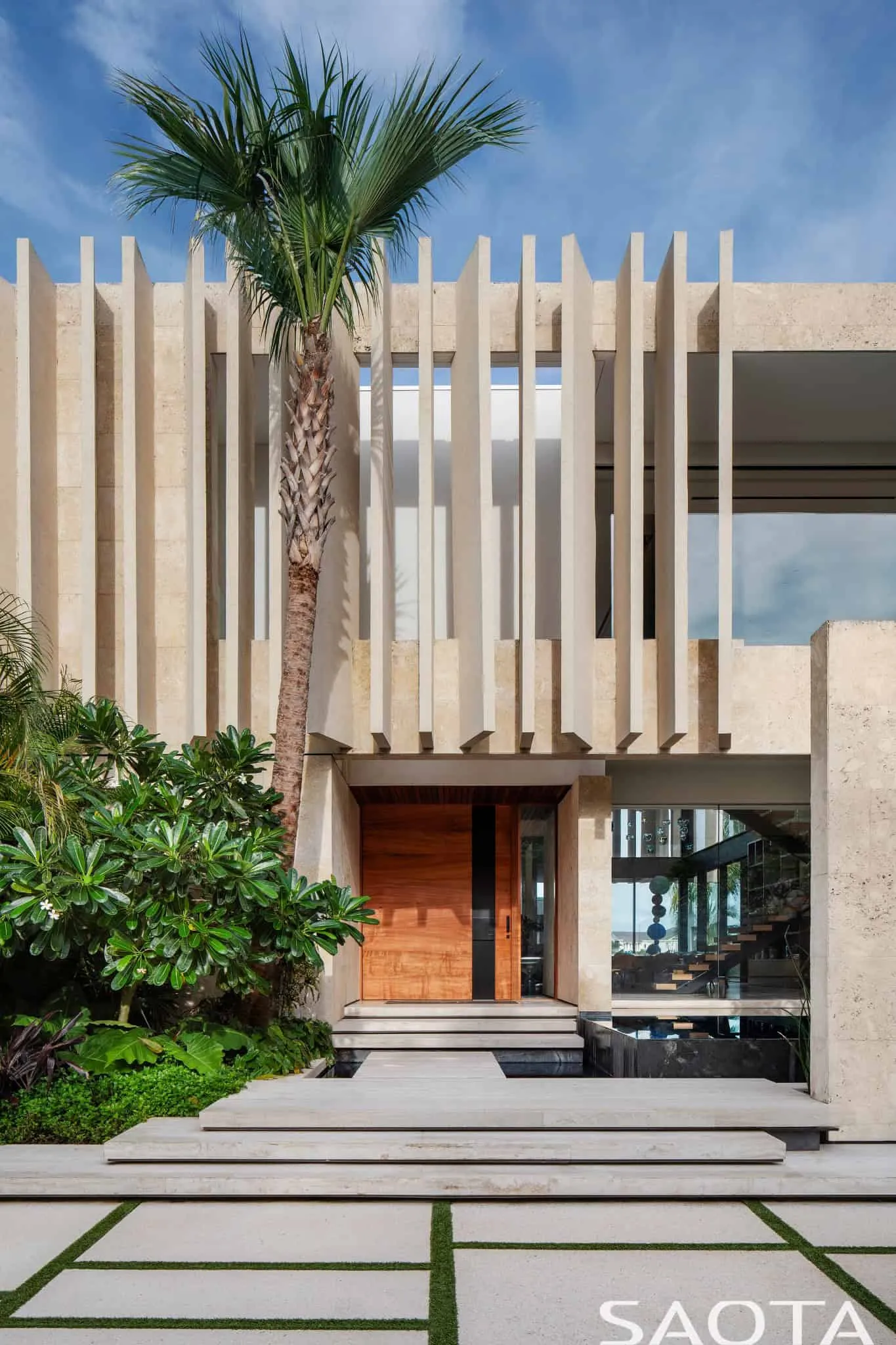 Entrance with vertical fins and wooden door