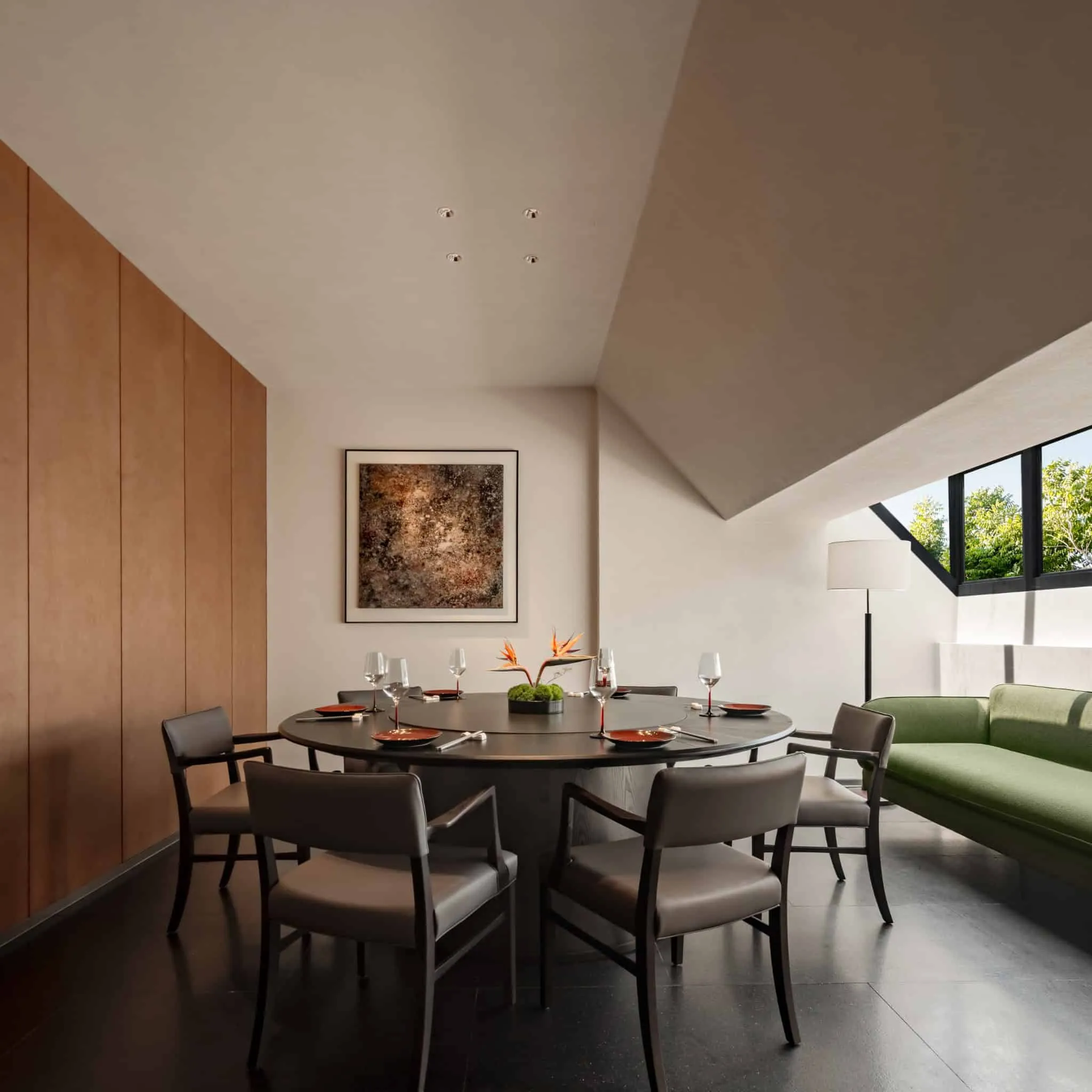 Yang Sin Lobster · Bai Jia Hu, by IN.X — lounge of private area with green sofa, Nanjing, China