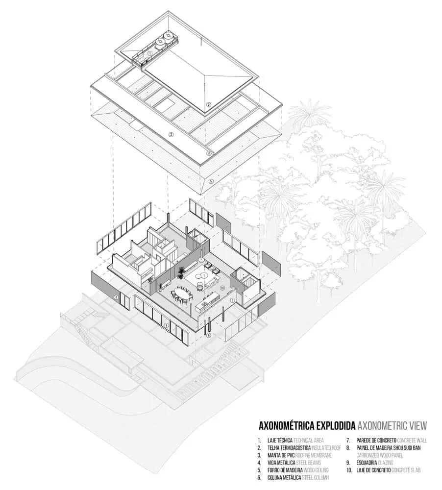 258号住宅——轴测图，展示结构与平面布局，圣罗克，圣保罗州，巴西