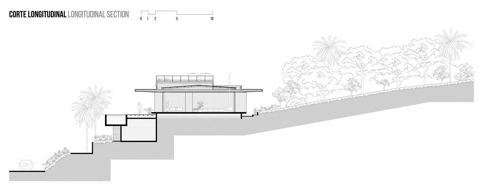 258号住宅——沿斜坡纵向剖面，圣罗克，圣保罗州，巴西