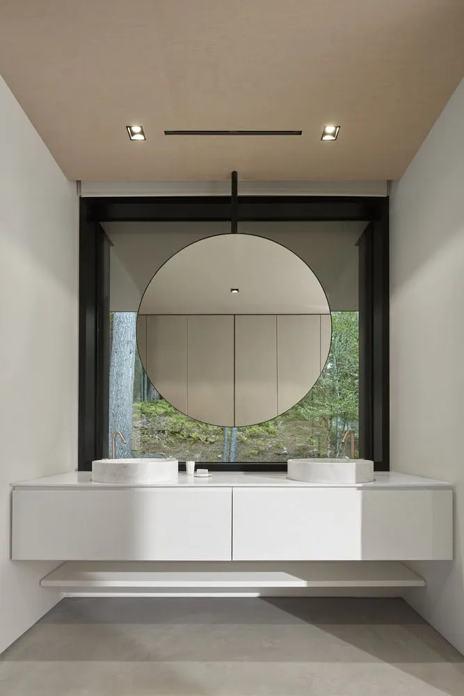 Bathroom with Round Mirror and Double Sink of Sagamore North Cottage, Mask
