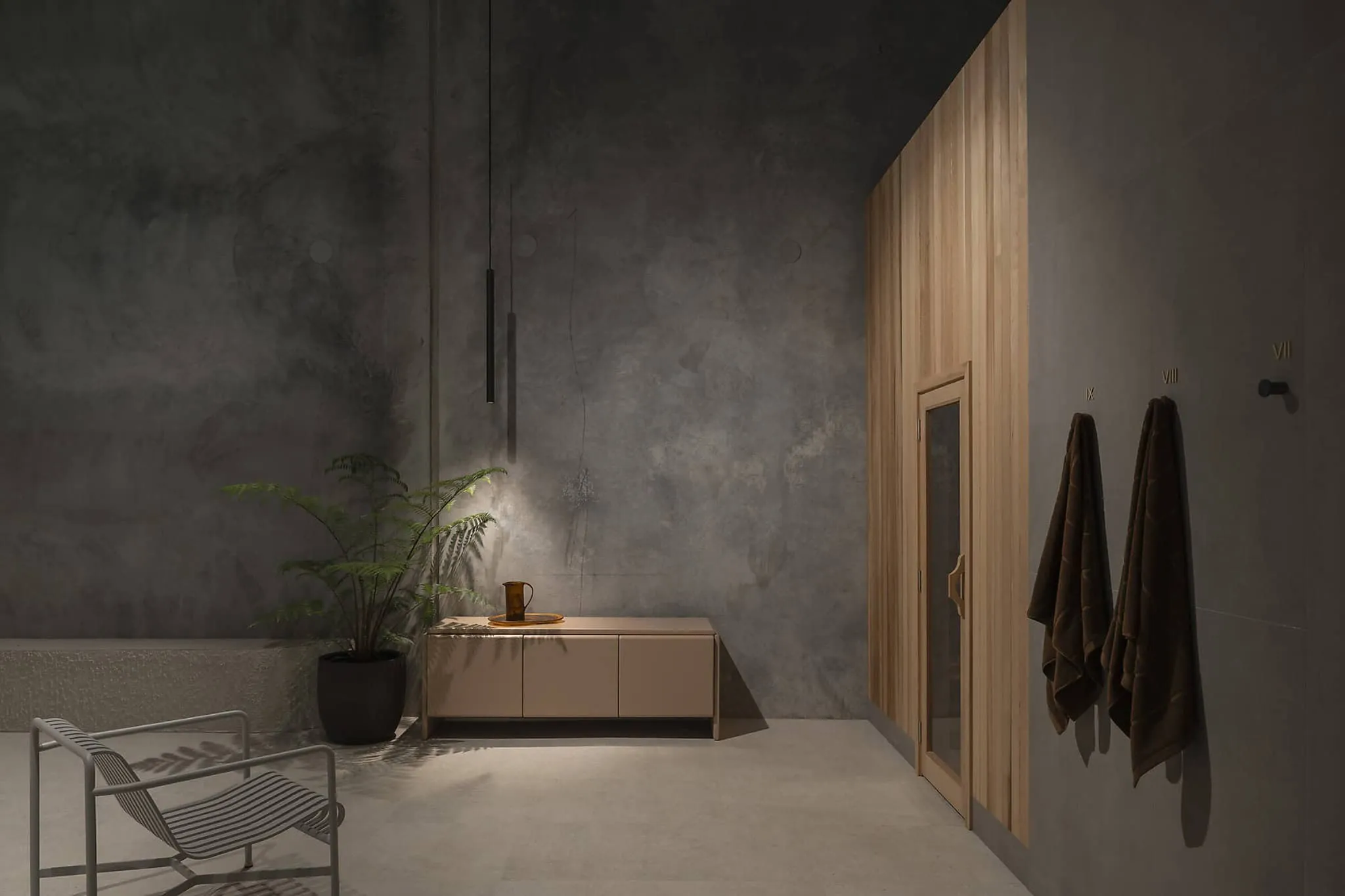 珀斯艾默湾浴室桑拿房，木质覆盖与极简装饰