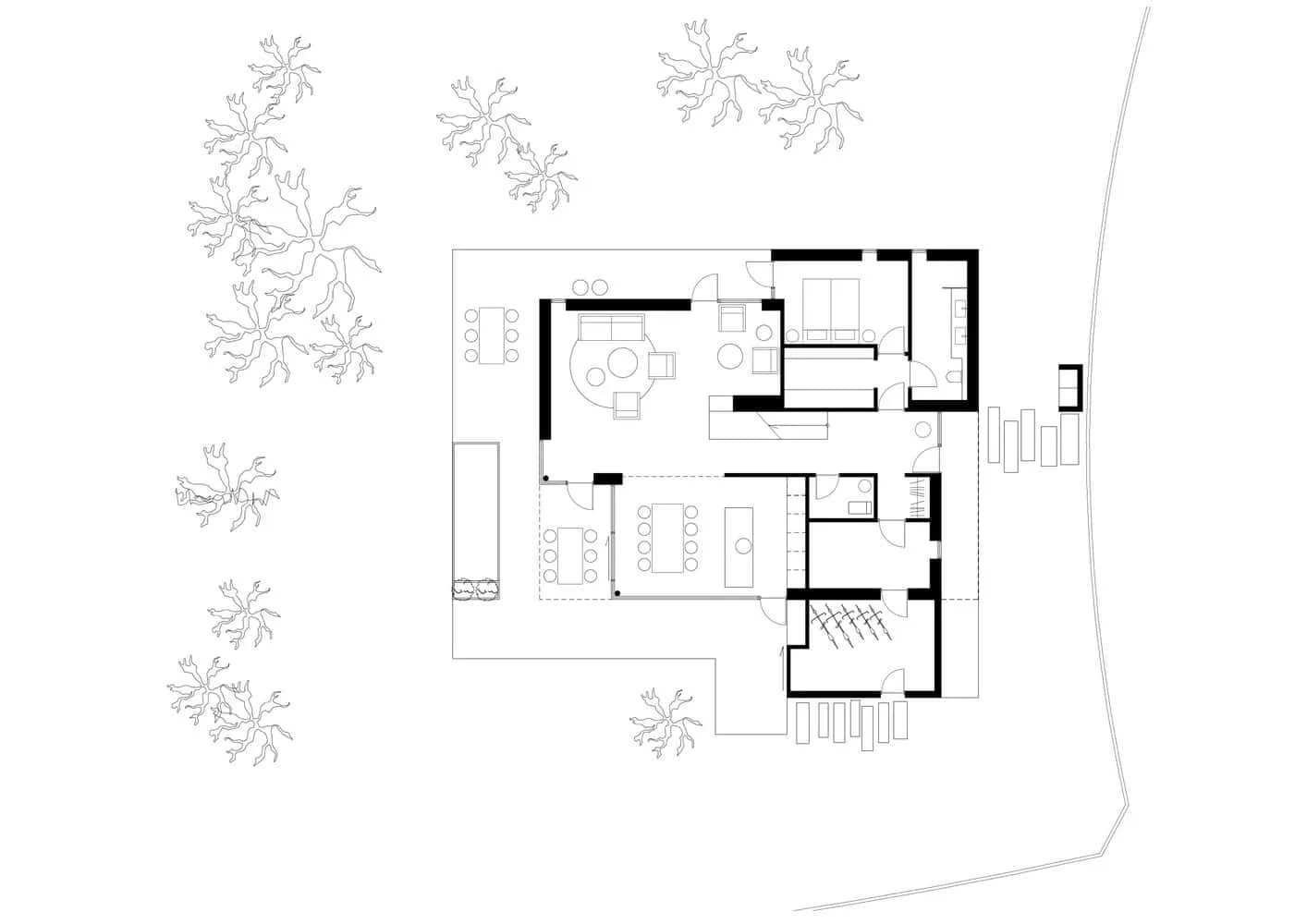 First floor plan of Villa S at scale 1:100 showing public zones opening to terraces