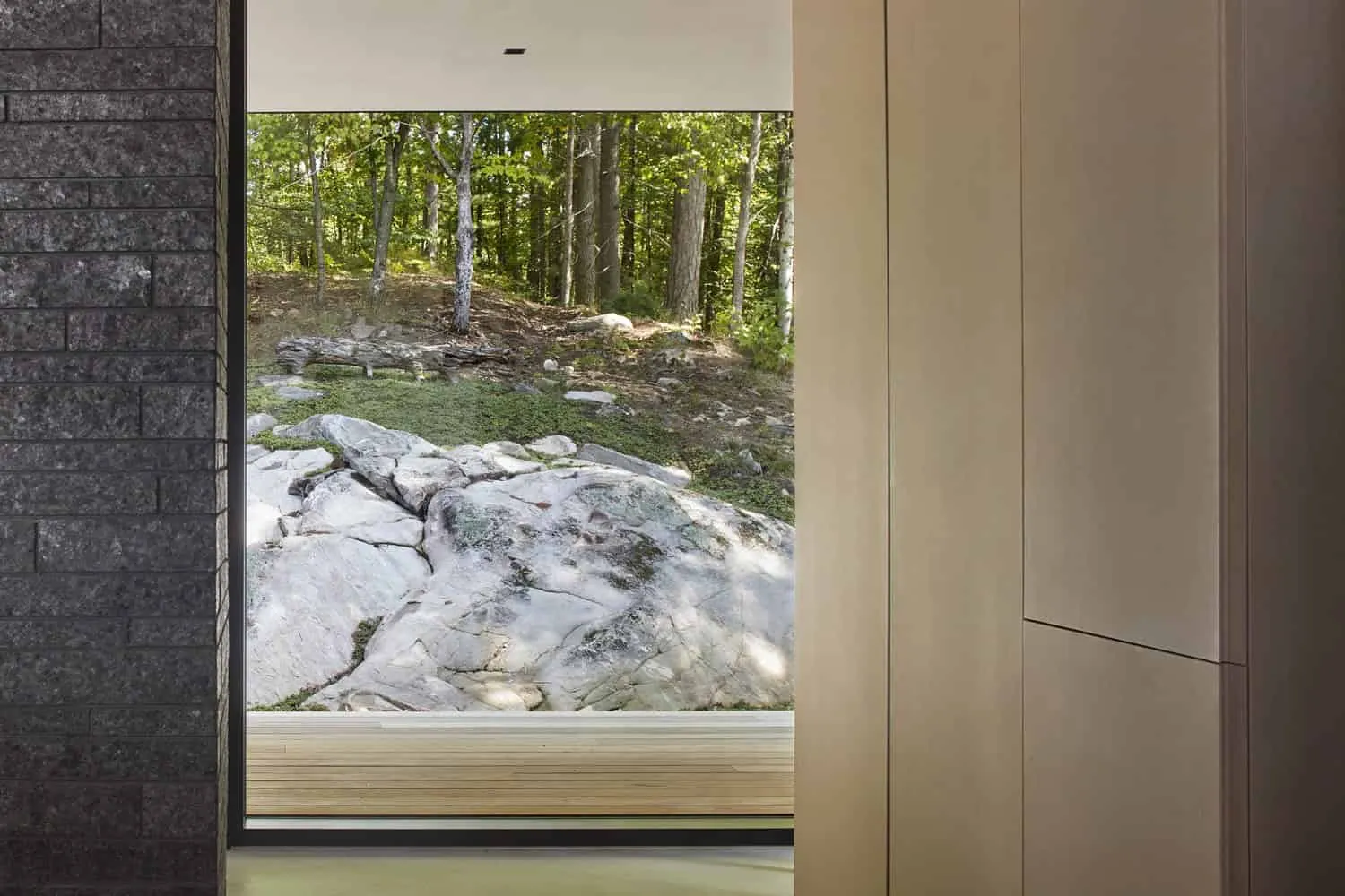 Peaceful Forest View Through Full-Height Window in Modern Interior, Demonstrating Contemporary Architecture and Integration with Nature