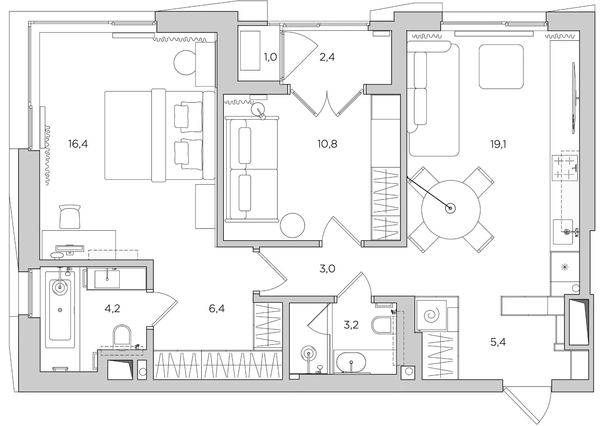 Plan after renovation of apartment with warm minimalism from Alexander Tishler's design studio, Moscow