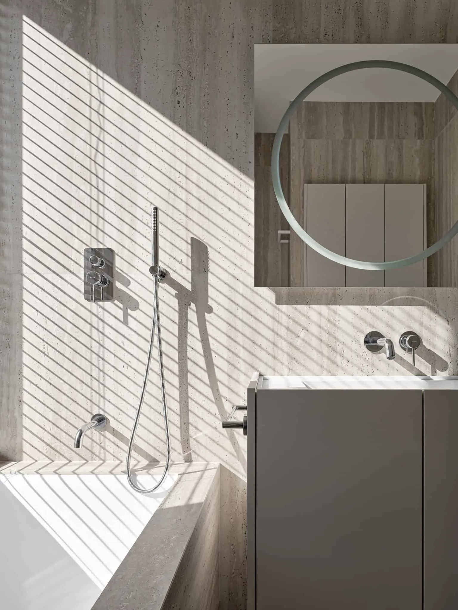 Sink and shower accessories with striped lighting - warm minimalism in Moscow