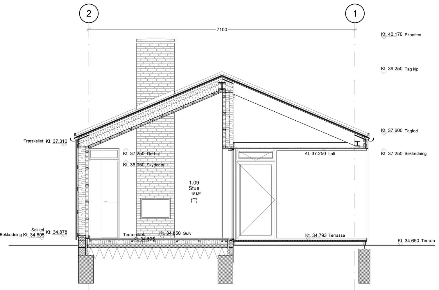 彼得疗养院建筑剖面图，显示内部空间与屋顶结构